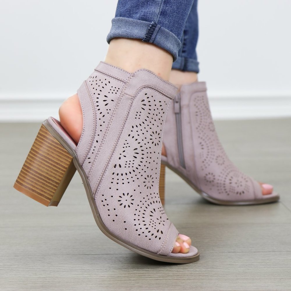 Mauve Laser Cut Design Open Toe Ankle Boots - Picture 2 of 8